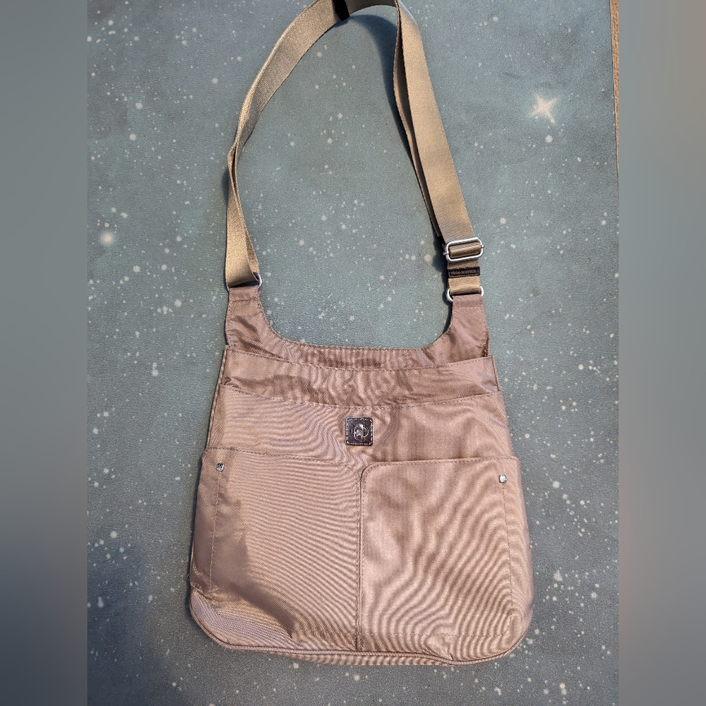 Baggallini Mosey crossbody hobo bag, tan with peach lining - Picture 2 of 13